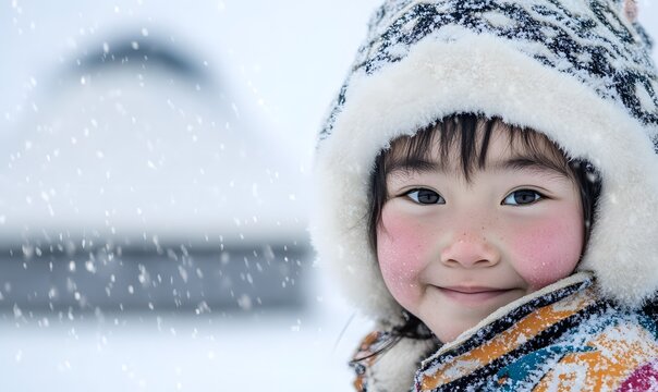 Inuit child wearing traditional attire, looking at the camera with a yurt in the background, snow-covered landscape of the snowy arctic tundra during winter's deep frost,