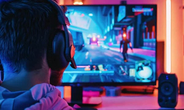 A young man immersed in playing a video game at home, with a vibrant neon-lit room and a large gaming monitor displaying a futuristic cityscape. 