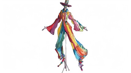 Fototapeta premium Stilt walker costume with tall stilts,Clipart, watercolor illustration, Perfect for nursery art The style is hand drawn, white background