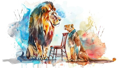 Lion tamer costume with a lion taming chair,Clipart, watercolor illustration, Perfect for nursery art The style is hand  drawn, white background