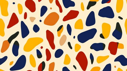 A colorful abstract pattern featuring irregular shapes in warm and cool tones on a light background.