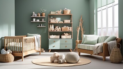 Baby room interior with comfortable crib. Banner design 