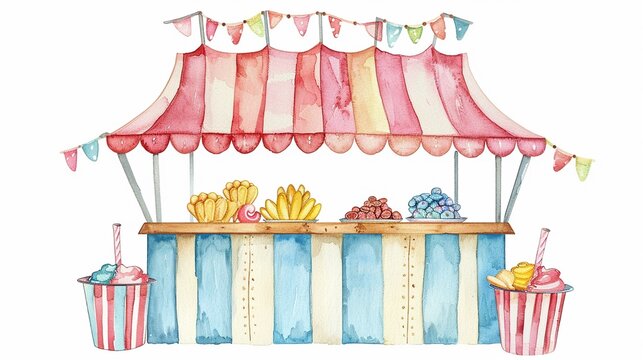 Circus concessions stand with snacks,Clipart, watercolor illustration, Perfect for nursery art The style is hand  drawn, white background