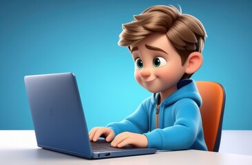 Caucasian pupil boy doing homework on laptop. online study, remote education, cute 3d Illustration.