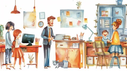 Circus office with administrative staff,Clipart, watercolor illustration, Perfect for nursery art The style is hand  drawn, white background