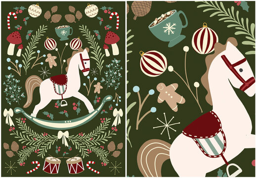 Poster Christmas Composition Horse Icons