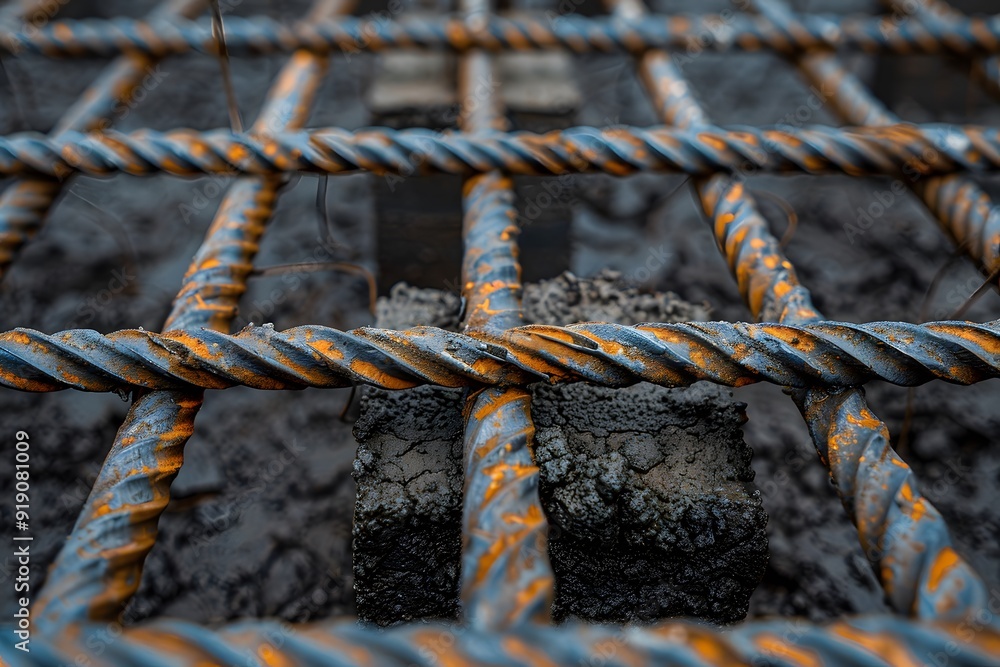 Poster close-up of rusty rebar grid on construction site