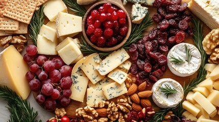 A festive cheese board with an assortment of cheeses, nuts, and dried fruits, beautifully presented for a holiday gathering.
