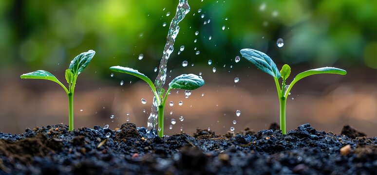 Close up of three green seedlings being watered with a gentle stream of water. The focus is on the new life emerging from the rich soil.
