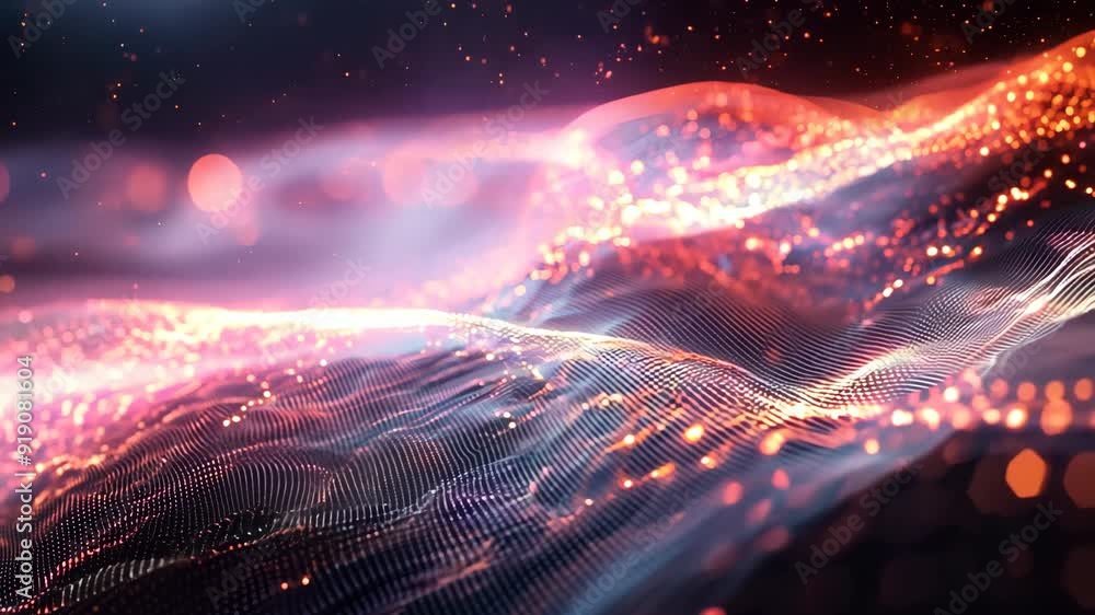 Poster a purple wave with red sparks on it. the wave is made of a pattern of dots. the image has a futurist