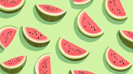 A fresh pattern of watermelon slices on a bright green background, celebrating summer vibes.