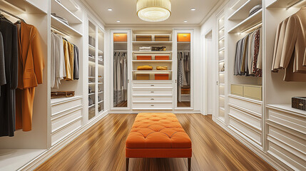 A spacious walk-in closet with high-end fashion and accessories