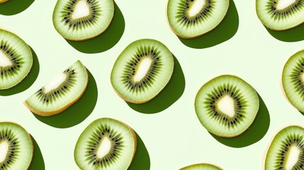Fototapeta premium A geometric pattern of kiwi slices with subtle shadows on a pastel green background, perfect for a fresh and modern design.