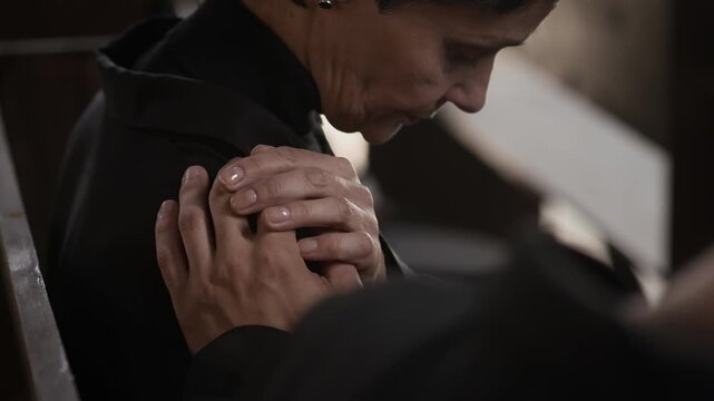 Unrecognisable man putting hand on shoulder of mournful woman sitting next to him at funeral service in church, she touching his hand