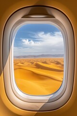Naklejka premium Aerial View of Vast Desert Landscape Through Airplane Window with Clear Blue Sky and Distant Mountains