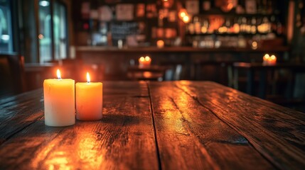 A cozy, dimly lit setting with two candles on a wooden table, creating a warm atmosphere in a bar or restaurant.