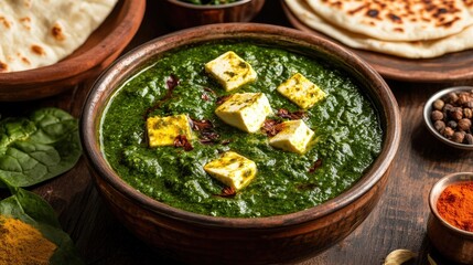 A high-angle shot of Palak Paneer, the green spinach and cheese curry in a rustic bowl, with spices and naan bread around it.