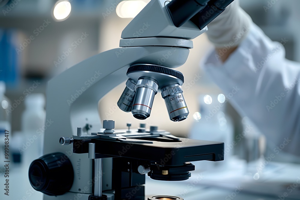 Poster close-up of a microscope in a laboratory setting