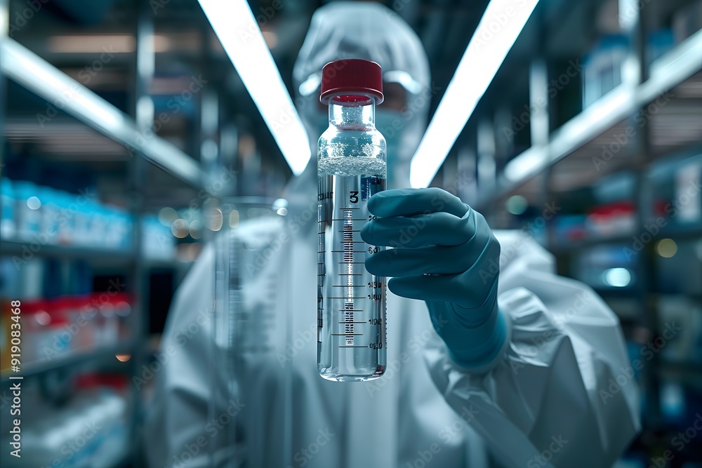 Poster scientist in lab holding a sample bottle in a high-tech laboratory