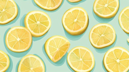 Obraz premium A lively pattern of lemon slices on a pastel green background, radiating freshness