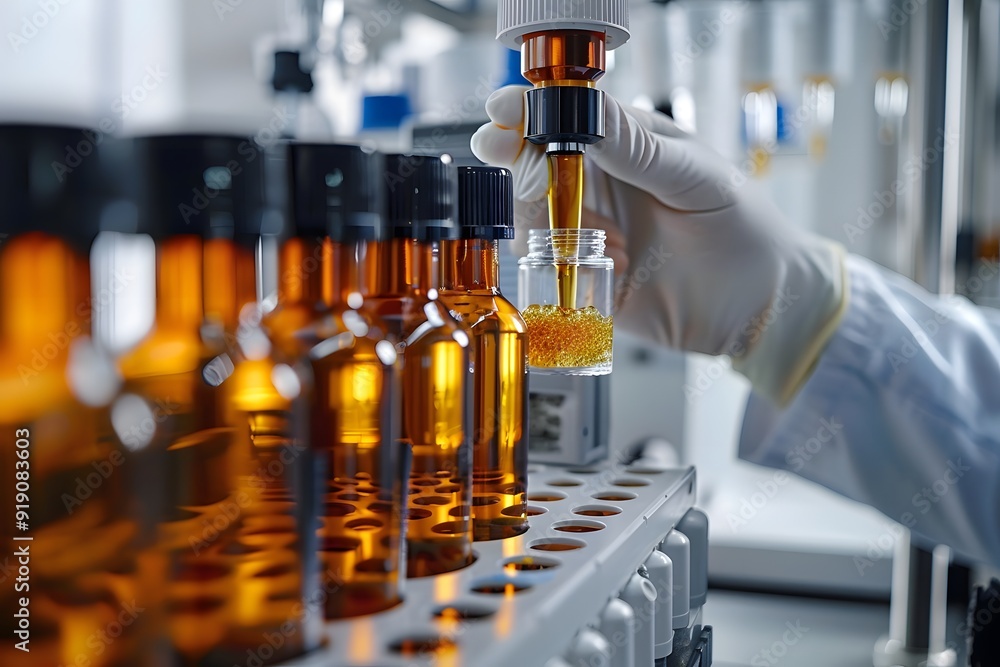 Poster precision in the lab: a scientist using a pipette to transfer liquid from amber bottles