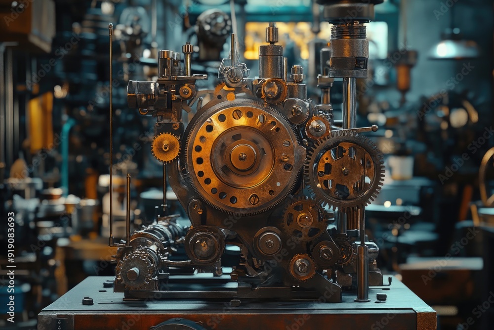 Poster close-up shot of complex machinery. this image is great for projects related to engineering, technol