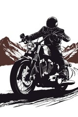 Naklejka premium A person rides a motorcycle on a winding mountain road