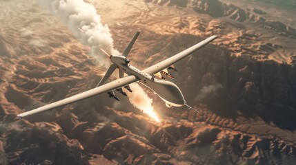 Fototapeta premium A military plane flies over a mountain range with snow-capped peaks and valleys