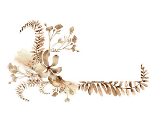 Frame of maroon flowers, fern branch in watercolor. Abstract plants in brown color on watercolor splash isolated. Dry wild flowers, leaves hand drawn in sienna. Design of package, save the date
