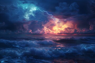 Naklejka premium Dramatic Seascape at Dusk with Lightning and Turbulent Waves