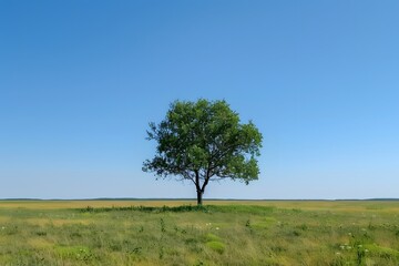 Solitary Tree in a Vast Open Field Under a Clear Blue Sky