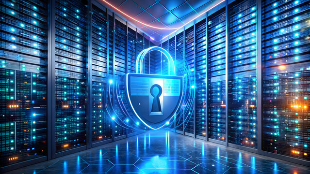 A secure server room with digital padlocks and a firewall shield graphic. A glowing lock icon and encrypted data streams convey the importance of cybersecurity in protecting business data.