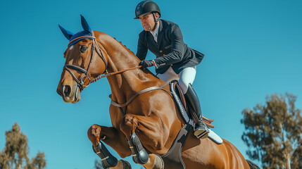 An equestrian rider in full gear jumping over an obstacle with a focused expression, showcasing skill and partnership with the horse in a competitive setting.