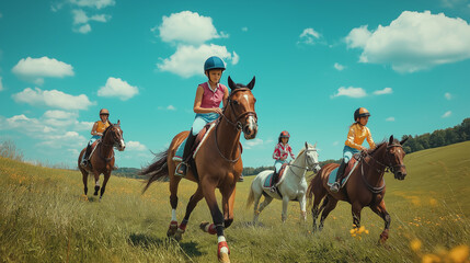 A group of young riders on horseback enjoying a summer day in a meadow, representing friendship, nature, and outdoor adventure.