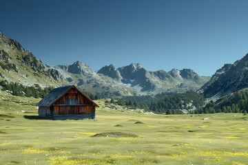Serene Mountain Landscape with a Rustic Cabin Amidst Lush Green Meadows