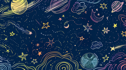 Colorful hand-drawn celestial elements against a dark blue sky background creating a whimsical night scene.