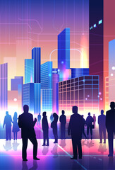 Silhouetted people in futuristic cityscape vibrant colors modern skyscrapers digital lines urban community concept