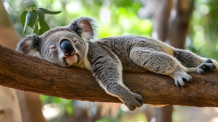 koala resting and sleeping on his tree with an happy smile on his face
