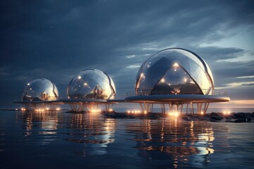 Celestial Observatory: Observatory with futuristic telescopes near water.