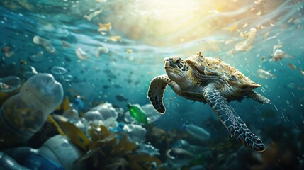 Obraz premium Sea Turtle Swimming Through Plastic Pollution