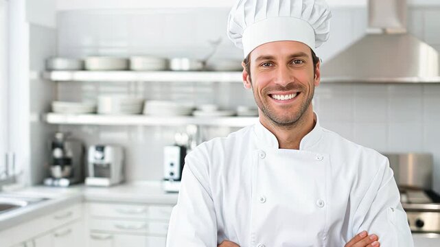 A smiling chef in a white jacket stands in the kitchen symbolizing professionalism and passion for cooking.
Concept: culinary restaurants.