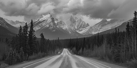 A black and white photograph of a winding mountain road