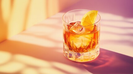 A refined Sazerac drink with cognac and lemon zest, presented on a pastel background with dramatic shadow play.