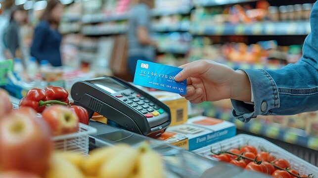 A person tapping a credit card on a contactless terminal at a supermarket checkout, groceries in the background, bright store lighting, hd quality, natural look. 