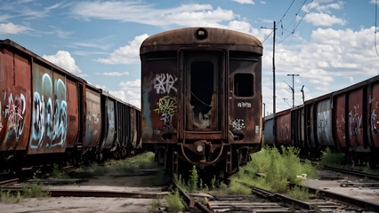 Obraz premium A row of graffiti-covered, rusty freight carriages on empty rails