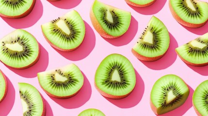 Fototapeta premium A regular pattern of vibrant kiwi slices with soft shadows arranged on a pastel pink background, creating a fresh and playful visual.