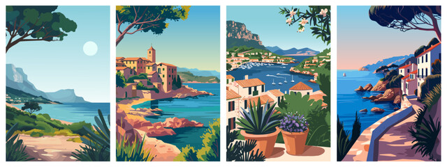 Majorca landscape posters set. Spain. Travel destination journey tourism concept. Traditional small buildings. Coastline promenade southern flowers and trees. Vector flat cartoon minimal style
