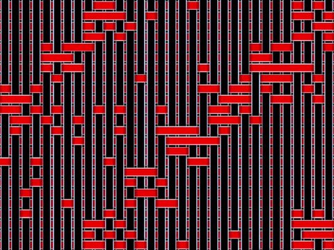 Black and red abstract art of horizontal and vertical lines moving irregularly.