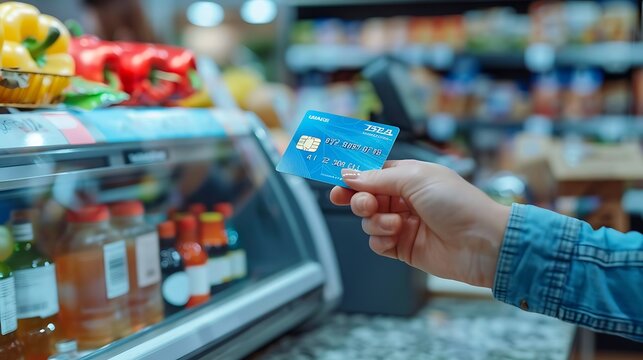A person using a credit card at a self-checkout kiosk, grocery items in the background, modern store environment, clean lighting, hd quality, natural look.  --ar 16:9 --v 6.0 --sref https://s.mj.