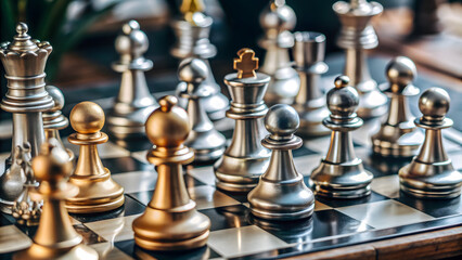 Chess pieces of various designs, materials, and colors on a chessboard. The different pieces symbolize the diverse roles and strategies within a team, all working together towards a common goal.